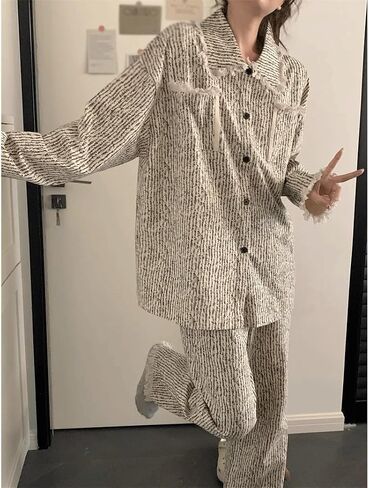 JSEIAJB Long Sleeved Pajamas Autumn Women's Casual Striped Cardigan Home Suit(X-Large) in Saudi Arabia