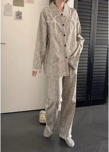 JSEIAJB Long Sleeved Pajamas Autumn Women's Casual Striped Cardigan Home Suit(X-Large) in Saudi Arabia