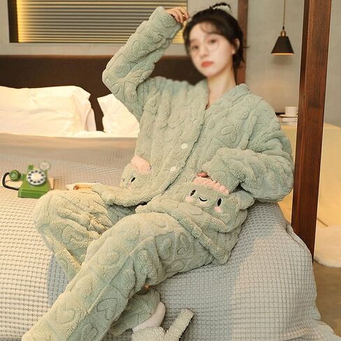 JSEIAJB Autumn and Winter Coral Velvet Pajamas Women's V-Neck Set Home Clothing(D,XLXXL) in Saudi Arabia