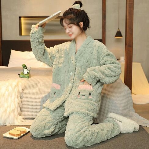 JSEIAJB Autumn and Winter Coral Velvet Pajamas Women's V-Neck Set Home Clothing(D,XLXXL) in Saudi Arabia