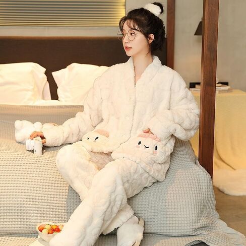 JSEIAJB Autumn and Winter Coral Velvet Pajamas Women's V-Neck Set Home Clothing(D,XLXXL) in Saudi Arabia