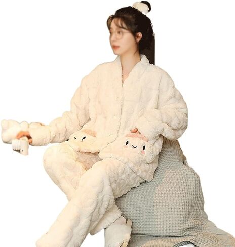JSEIAJB Autumn and Winter Coral Velvet Pajamas Women's V-Neck Set Home Clothing(D,XLXXL) in Saudi Arabia