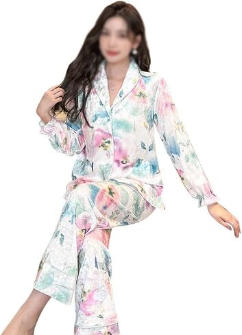 JSEIAJB Lapel Homewear Spring and Autumn Suit Canary Loose Pajamas for Women Long Clothes and Trousers(X-Large) in Saudi Arabia