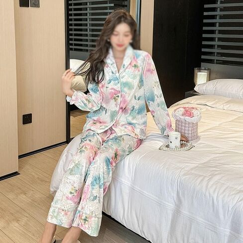 JSEIAJB Lapel Homewear Spring and Autumn Suit Canary Loose Pajamas for Women Long Clothes and Trousers(X-Large) in Saudi Arabia
