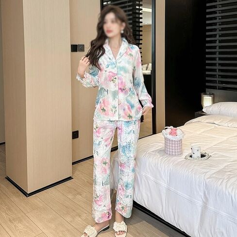 JSEIAJB Lapel Homewear Spring and Autumn Suit Canary Loose Pajamas for Women Long Clothes and Trousers(X-Large) in Saudi Arabia