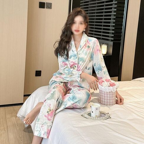 JSEIAJB Lapel Homewear Spring and Autumn Suit Canary Loose Pajamas for Women Long Clothes and Trousers(X-Large) in Saudi Arabia