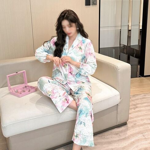 JSEIAJB Lapel Homewear Spring and Autumn Suit Canary Loose Pajamas for Women Long Clothes and Trousers(X-Large) in Saudi Arabia