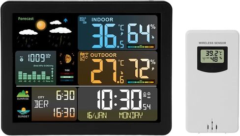 Home Weather Station, Digital Indoor Outdoor Thermometer, Temperature and Humidity Monitor with Color Display, Weather Forecast, Time, Atomic Clock, Moon Phase, Barometer in Saudi Arabia