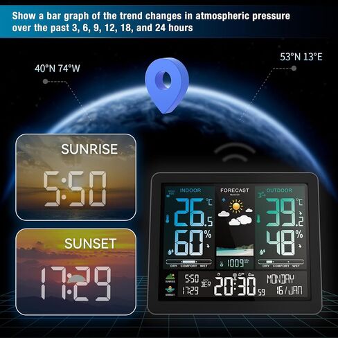 Home Weather Station, Digital Indoor Outdoor Thermometer, Temperature and Humidity Monitor with Color Display, Weather Forecast, Time, Atomic Clock, Moon Phase, Barometer in Saudi Arabia