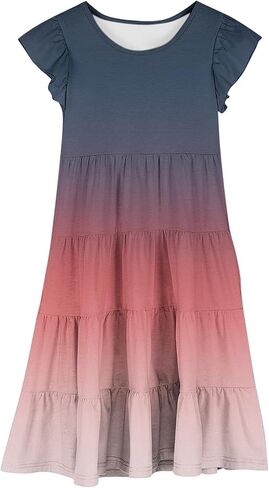 Little Girls Dress Kids Ruffles Cotton Casual Skater Tiered Swing Sun Dress Youth Gradient A Line Short Sleeve Summer Dresses in Saudi Arabia