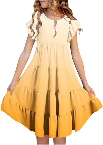 Little Girls Dress Kids Ruffles Cotton Casual Skater Tiered Swing Sun Dress Youth Gradient A Line Short Sleeve Summer Dresses in Saudi Arabia