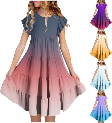 Little Girls Dress Kids Ruffles Cotton Casual Skater Tiered Swing Sun Dress Youth Gradient A Line Short Sleeve Summer Dresses in Saudi Arabia