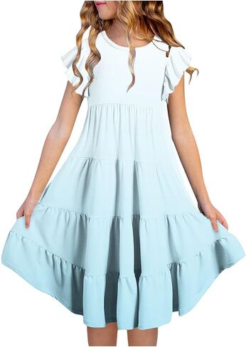 Little Girls Dress Kids Ruffles Cotton Casual Skater Tiered Swing Sun Dress Youth Gradient A Line Short Sleeve Summer Dresses in Saudi Arabia