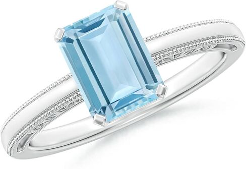 Angara Natural Emerald-Cut Aquamarine Solitaire Engagement Ring with Milgrain in Silver/14K Solid Gold/Platinum | March Birthstone, Birthday, Anniversary, Wedding Jewelry Gift for Women in Saudi Arabia
