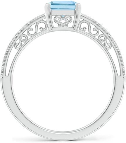 Angara Natural Emerald-Cut Aquamarine Solitaire Engagement Ring with Milgrain in Silver/14K Solid Gold/Platinum | March Birthstone, Birthday, Anniversary, Wedding Jewelry Gift for Women in Saudi Arabia
