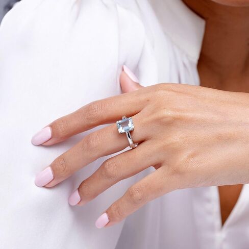 Angara Natural Emerald-Cut Aquamarine Solitaire Engagement Ring with Milgrain in Silver/14K Solid Gold/Platinum | March Birthstone, Birthday, Anniversary, Wedding Jewelry Gift for Women in Saudi Arabia