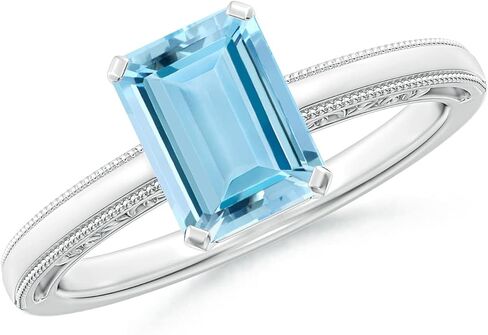 Angara Natural Emerald-Cut Aquamarine Solitaire Engagement Ring with Milgrain in Silver/14K Solid Gold/Platinum | March Birthstone, Birthday, Anniversary, Wedding Jewelry Gift for Women in Saudi Arabia