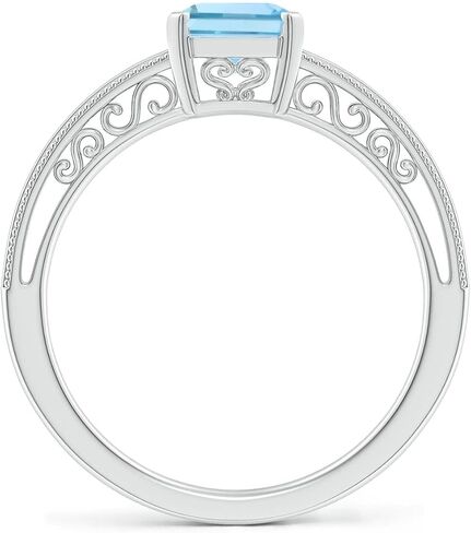 Angara Natural Emerald-Cut Aquamarine Solitaire Engagement Ring with Milgrain in Silver/14K Solid Gold/Platinum | March Birthstone, Birthday, Anniversary, Wedding Jewelry Gift for Women in Saudi Arabia