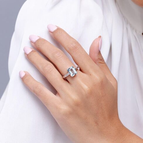 Angara Natural Emerald-Cut Aquamarine Solitaire Engagement Ring with Milgrain in Silver/14K Solid Gold/Platinum | March Birthstone, Birthday, Anniversary, Wedding Jewelry Gift for Women in Saudi Arabia