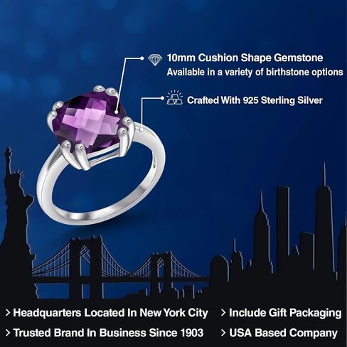 Gem Stone King 10MM Cushion Cut Gemstone Birthstone Double Prong Solitaire Ring for Women in 925 Sterling Silver | Fine Wedding Anniversary Engagement Promise Ring | Available in Sizes 5 to 9 in Saudi Arabia