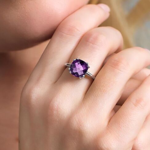 Gem Stone King 10MM Cushion Cut Gemstone Birthstone Double Prong Solitaire Ring for Women in 925 Sterling Silver | Fine Wedding Anniversary Engagement Promise Ring | Available in Sizes 5 to 9 in Saudi Arabia
