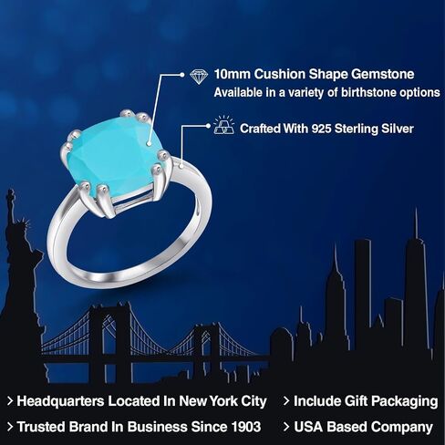 Gem Stone King 10MM Cushion Cut Gemstone Birthstone Double Prong Solitaire Ring for Women in 925 Sterling Silver | Fine Wedding Anniversary Engagement Promise Ring | Available in Sizes 5 to 9 in Saudi Arabia