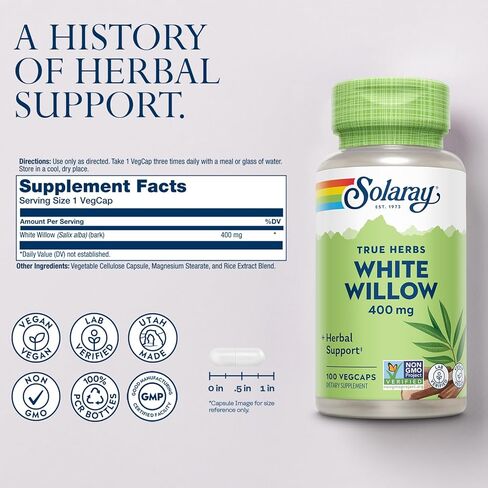 Solaray White Willow 400mg - كبسولات اللحاء البيضاء من الصفصاف - الدعم العشبي المهدئ للعافية والراحة مع الجليكوسيدات التي تحدث بشكل طبيعي - نباتي ، غير محلي ، ضمان 60 يومًا ، 100 سير ، 100 Vegcaps in Saudi Arabia