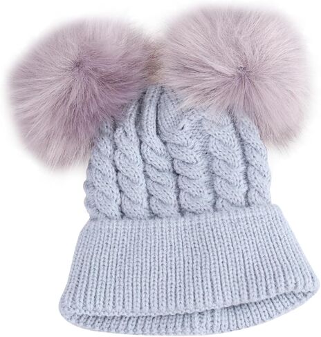 SAFIGLE Double Hairball Twisted Knit Beanie Hat for Winter Soft and Warm Crochet Cap for Boys and Adorable Grey Design for Cold Weather in Saudi Arabia
