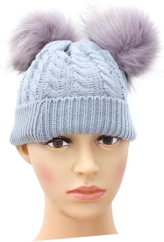 SAFIGLE Double Hairball Twisted Knit Beanie Hat for Winter Soft and Warm Crochet Cap for Boys and Adorable Grey Design for Cold Weather in Saudi Arabia