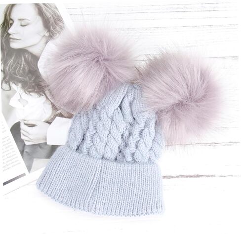 SAFIGLE Double Hairball Twisted Knit Beanie Hat for Winter Soft and Warm Crochet Cap for Boys and Adorable Grey Design for Cold Weather in Saudi Arabia