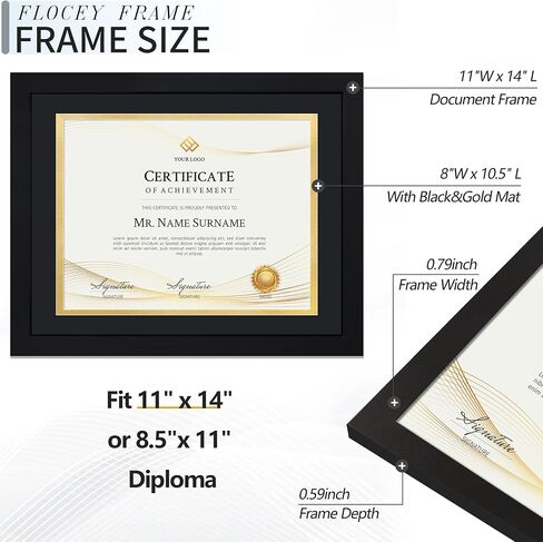 11x14 Picture Frame with Tempered Glass for 8.5x11 Certificate Frame with Mat, Document Diploma Award Degree Frame for Wall Hanging or Tabletop Display, Black in Kuwait