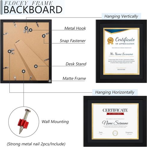 11x14 Picture Frame with Tempered Glass for 8.5x11 Certificate Frame with Mat, Document Diploma Award Degree Frame for Wall Hanging or Tabletop Display, Black in Kuwait