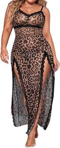 Hilinker Womens Plus Size Leopard Mesh Lingerie Dress Split Long Slip Lace Trim Chemise Nightgown in Kuwait