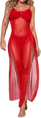 Hilinker Womens Plus Size Leopard Mesh Lingerie Dress Split Long Slip Lace Trim Chemise Nightgown in Saudi Arabia