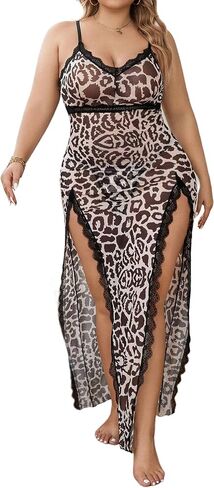 Hilinker Womens Plus Size Leopard Mesh Lingerie Dress Split Long Slip Lace Trim Chemise Nightgown in Saudi Arabia