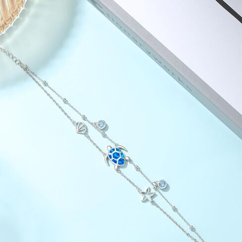 Blue Opal Turtle Bracelet,S925 Sterling Silver Ocean Summer Beach Starfish and Tortoise Cute Animal Birthday Mothers Day Christmas Gifts Jewelry Gifts in Saudi Arabia