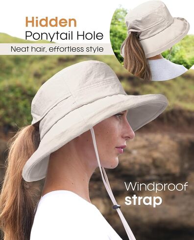 Furtalk Sun Hat للنساء Upf 80+ حافة واسعة ، دلو قابلة للتعبئة مع ثقب ذيل حصان للتنزه في الهواء الطلق في الهواء الطلق in Saudi Arabia