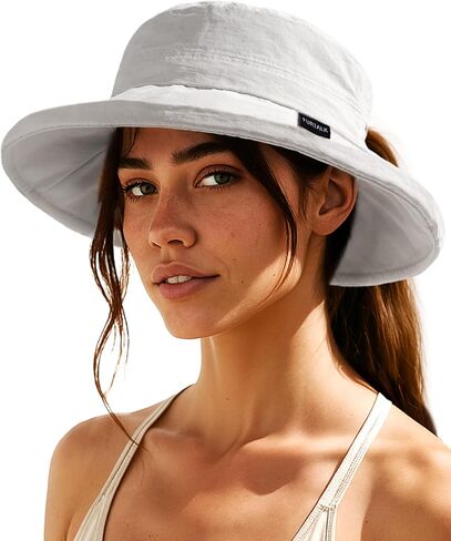 Furtalk Sun Hat للنساء Upf 80+ حافة واسعة ، دلو قابلة للتعبئة مع ثقب ذيل حصان للتنزه في الهواء الطلق في الهواء الطلق in Kuwait