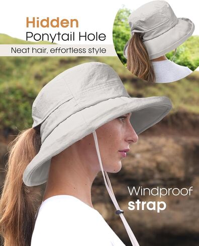 Furtalk Sun Hat للنساء Upf 80+ حافة واسعة ، دلو قابلة للتعبئة مع ثقب ذيل حصان للتنزه في الهواء الطلق في الهواء الطلق in Kuwait