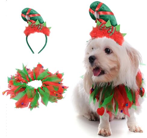 2PCS Dog Cat Christmas Costume Christmas Collar and Elf Headband Christmas Red and Green Collar Costume for Puppy Kitty Christmas Pet party Dress Xmas Set Clothes (A) in Saudi Arabia