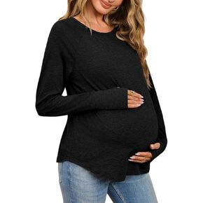 قمصان الأمومة النسائية ذات الأكمام الطويلة حول قمم الحمل بملابس الحمل لائقة بلوزات غير رسمية مع ثقوب الإبهام in Kuwait