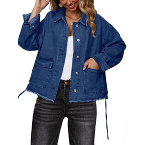 Glamaker Womens Jean Jackets Cropped Casual Denim Jacket Button Down Vintage Loose Frayed Hem Fall Coat with Pockets in Saudi Arabia