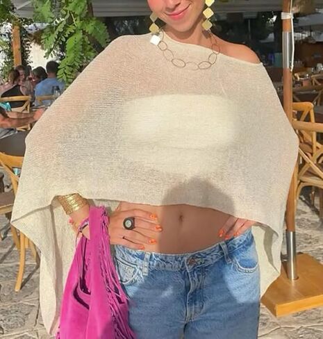 Seyurigaoka womens shyer poncho top خفيفة الوزن متماسكة شال قبالة بلوزة شبكة الكتف in Kuwait