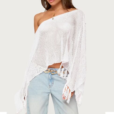 Seyurigaoka womens shyer poncho top خفيفة الوزن متماسكة شال قبالة بلوزة شبكة الكتف in Kuwait