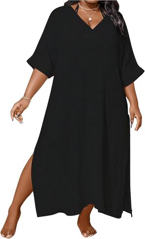WDIRARA Women's Plus Size Swimwear V Neck Half Sleeve Split Side Cover Up Beach Dress in Kuwait