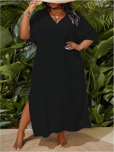 WDIRARA Women's Plus Size Swimwear V Neck Half Sleeve Split Side Cover Up Beach Dress in Kuwait