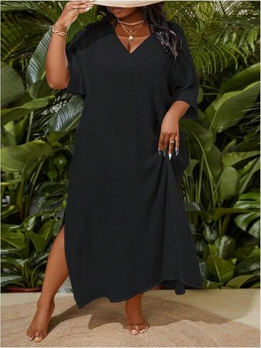 WDIRARA Women's Plus Size Swimwear V Neck Half Sleeve Split Side Cover Up Beach Dress in Kuwait