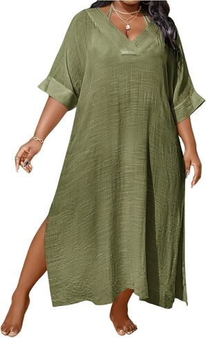 WDIRARA Women's Plus Size Swimwear V Neck Half Sleeve Split Side Cover Up Beach Dress in Kuwait