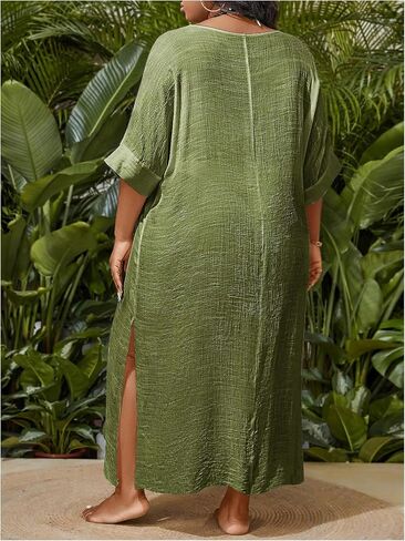WDIRARA Women's Plus Size Swimwear V Neck Half Sleeve Split Side Cover Up Beach Dress in Kuwait