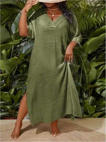 WDIRARA Women's Plus Size Swimwear V Neck Half Sleeve Split Side Cover Up Beach Dress in Kuwait